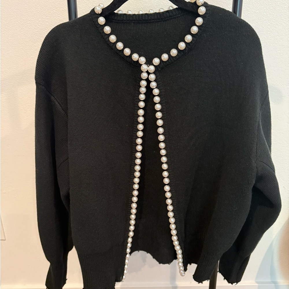 Elegant Black Sweater with Pearl Detailing